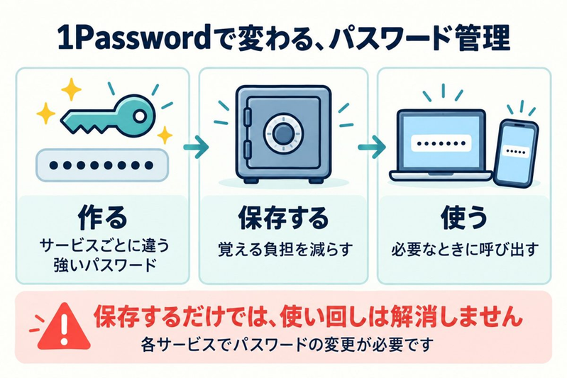 1Passwordで強いパスワードを作り、保存し、必要なときに呼び出す流れ。使い回しを解消するには各サービスでの変更が必要です。